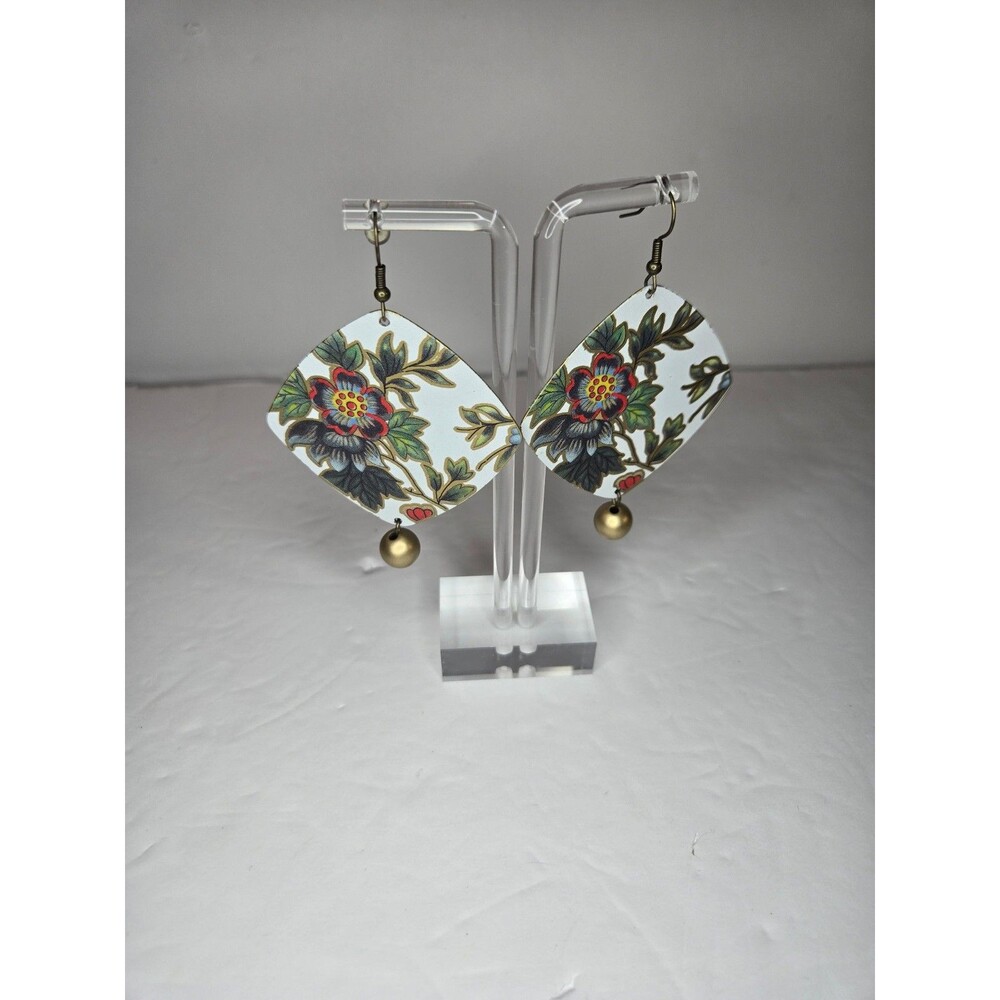Gold Tone Earrings with Floral Design Pattern with Beaded Drop